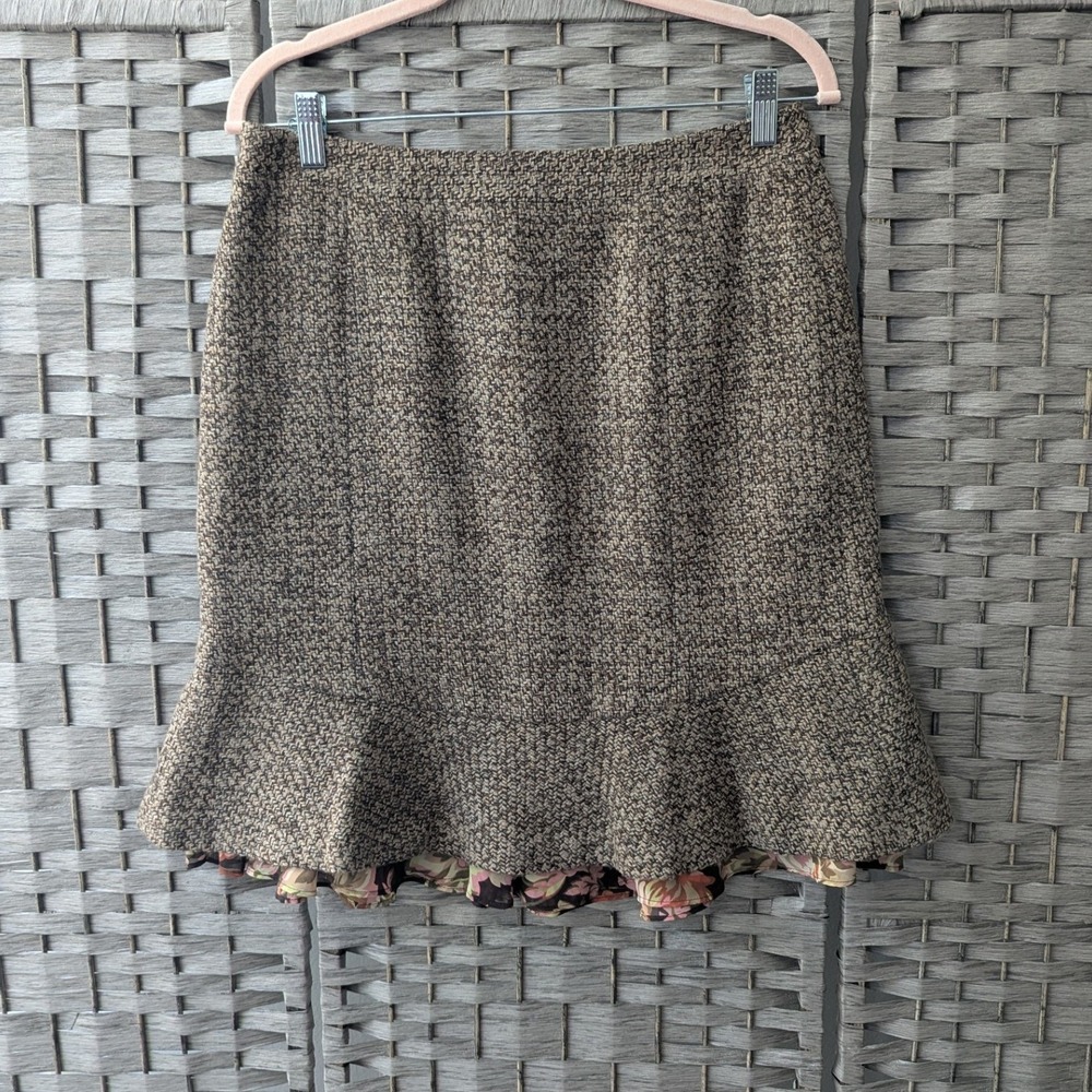Ann Taylor LOFT Skirt Brown Tweed Floral Ruffle Liner Flounce Hem Sz 8P Twee
